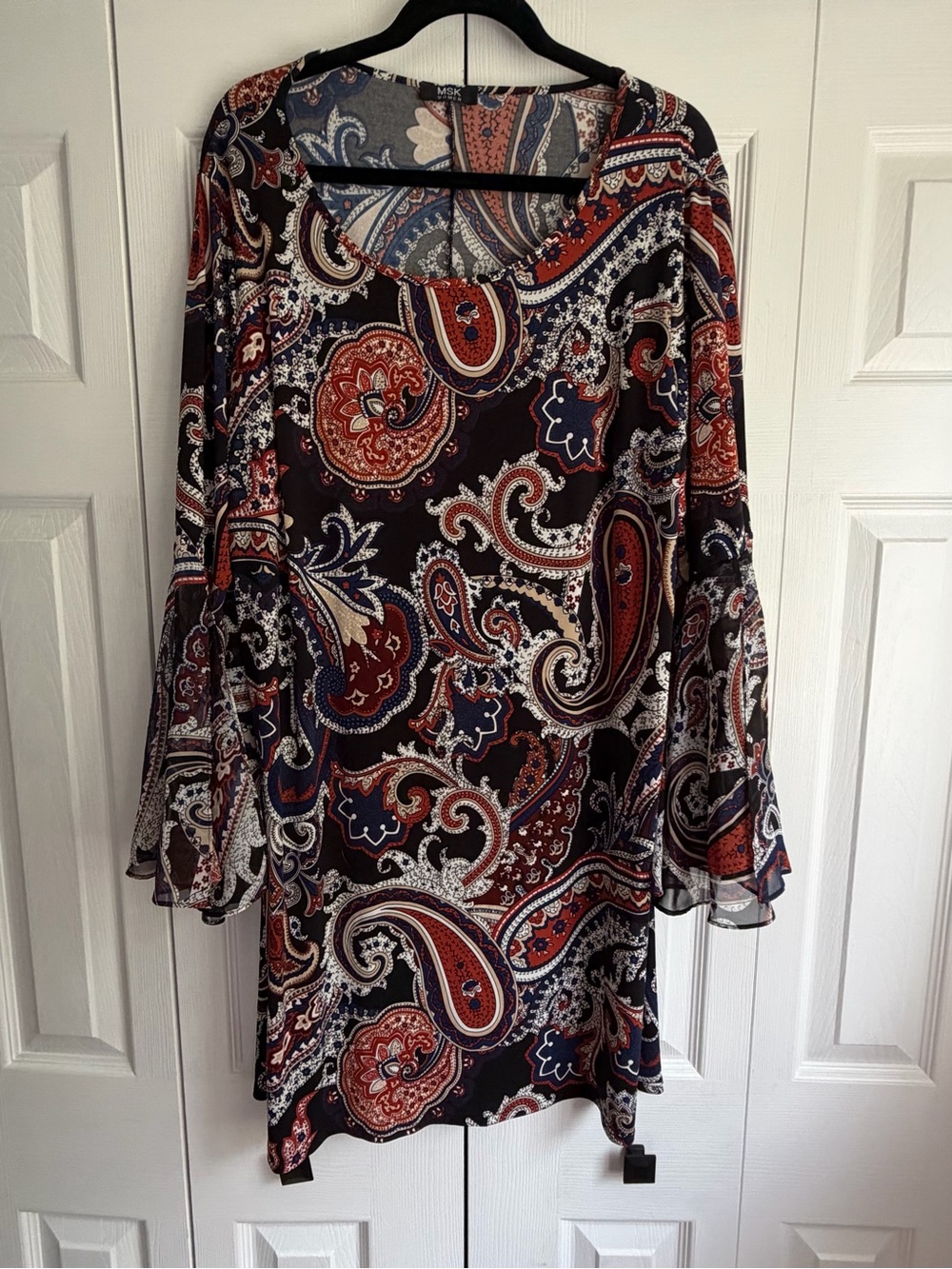 MSK Paisley Long Sleeve Tunic Dress in Black, Red & Navy